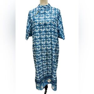 Soolinen NWT Kaftan Tunic Style Maxi Dress One Size Blue White Bohemian Flowy